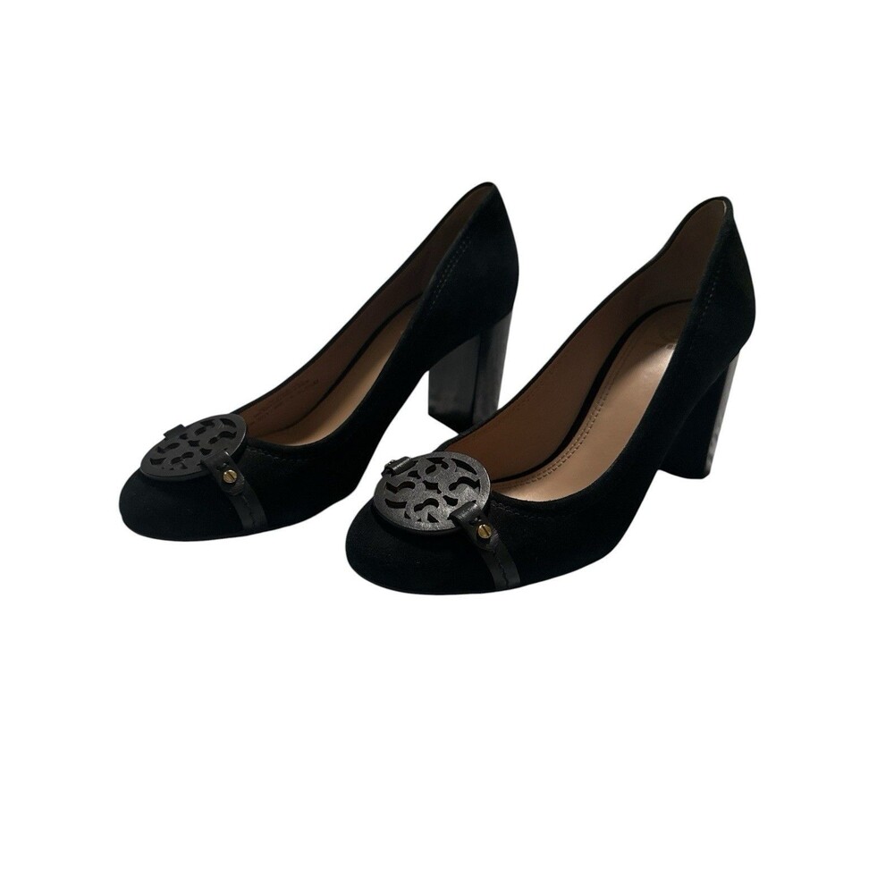 Tory Burch Mini Miller 85mm Block Heel Pumps Black Suede Logo Heels 8.5M - Picture 8 of 11